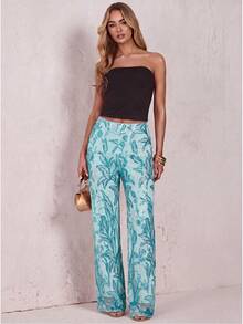 Glamine Women's High-Waisted Sequined Wide-Leg Pants,Light Blue Summer Elegant Vacation Holiday Parties Stylish Trousers, Halloween Outings Floral Pants - Blue - View 5