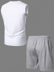 Manfinity Homme 加大码男士条纹印花圆领背心和抽绳短裤套装，夏季必备 - 彩色 - 查看 2