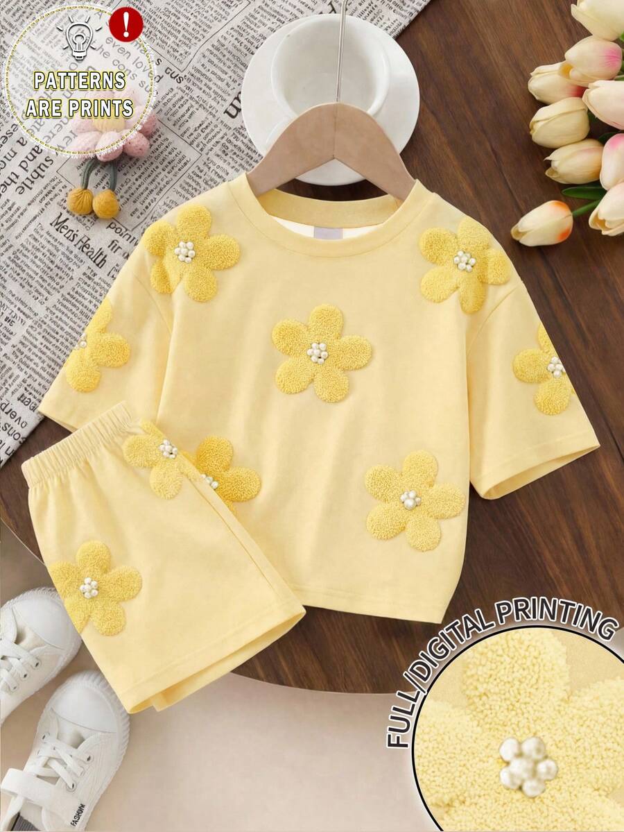 Souflis Souflis 1 Set Baby Girls' Casual Comfortable Fashionable Cute Floral Print Short Sleeve T-Shirt And Shorts Set, Spring To Summer Outfits, Suitable For Breezy Summer Wear - Multicolor - View 1