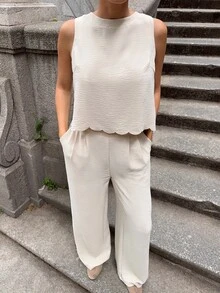 Marta Soriano 女装夏季肌肉简约日常老款风亚麻系带两件套，系带两件套，贝壳边饰无袖上衣和裤子套装，系带前教师装工作女装连衣裙两件套 - 杏色 - 查看 5
