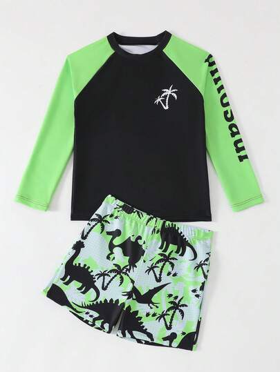 SHEIN Tween Boys Swimwear, Casual Dinosaur Print Long Sleeve Tankini Set, Fashionable Elegant Suitable For Swimming, Summer Vacation, Beach, Pool, Holiday Party