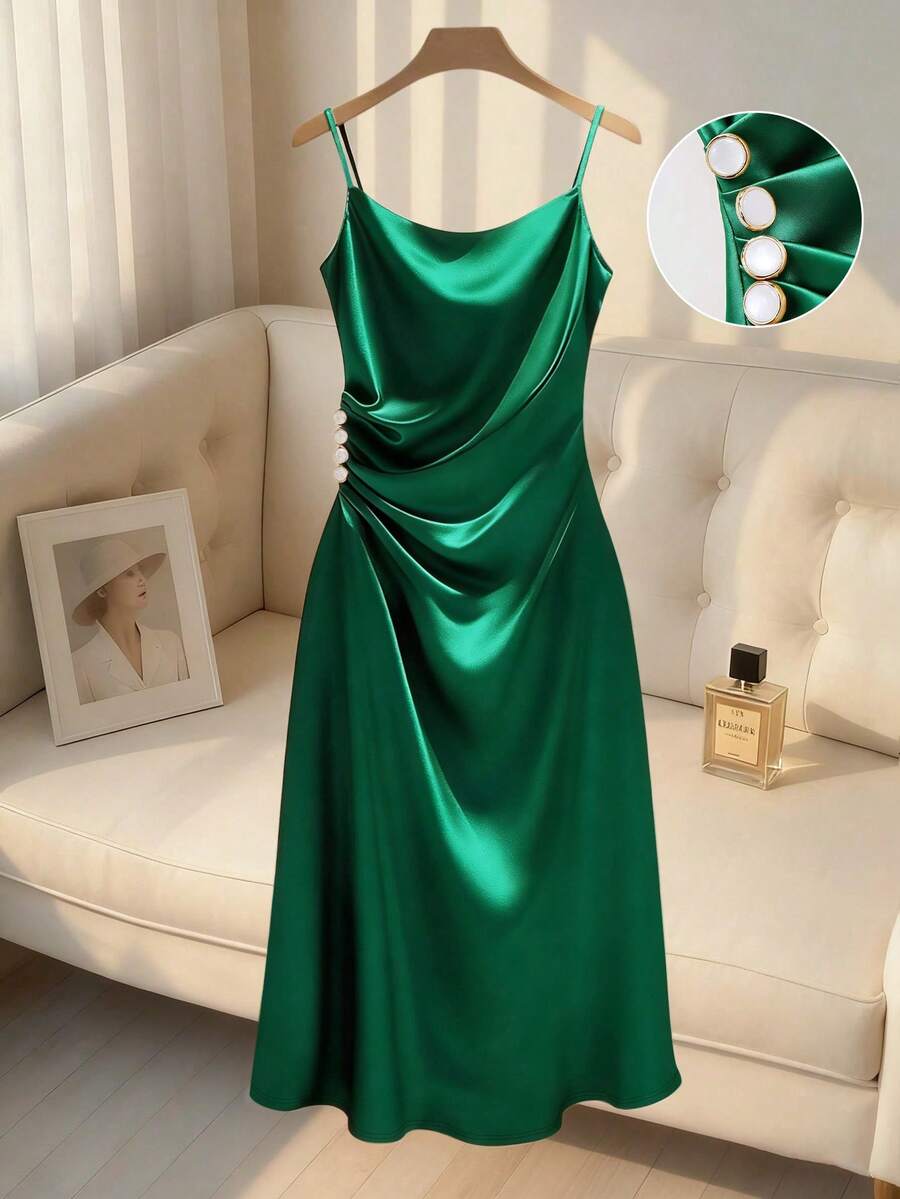Franclia Đầm maxi nữ thanh lịch với cổ xếp ly và vạt nhún. - màu xanh lá - Xem 1