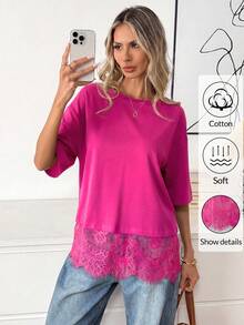 Easowa Black Short Sleeve Round Neck Lace Hem Loose T-Shirt For Women,Summer Top - Hot Pink - View 3