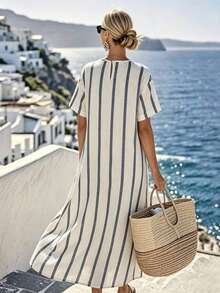 SHEIN LUNE Women's Blue And White Stripe Bow Decor Loose Dress, Casual Beach Vacation Holiday Style Summer - White - View 2