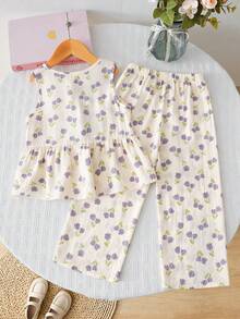 Vintaside Kids 女童两件套：无袖圆领紫色碎花上衣，饰有蝴蝶结，阔腿裤，甜美青春的夏季休闲装 - 紫色 - 查看 2