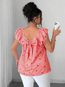 Elenzga Áo kiểu nữ cỡ lớn dáng Pháp, cổ thuyền, tay ngắn, thắt nơ, kẻ sọc, thích hợp cho hẹn hò, du lịch, mặc hàng ngày, áo mùa hè. - Đỏ - Xem 8