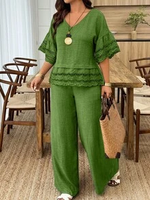 Weeklong Women Plus Size Floral Trim Sleeve & Hem Round Neck Loose Top And Straight Leg Pants 2 Pieces Set, Suitable For Vacation And Daily Wear, Spring/Summer - Army Green - View 5