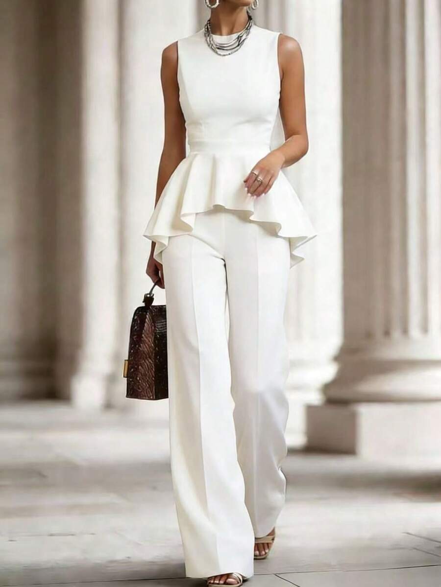 SHEIN Raffinéa Bộ đồ hai mảnh thanh lịch dành cho nữ: áo không tay cổ tròn ôm sát và quần ống đứng, thích hợp mặc hàng ngày. - trắng - Xem 1