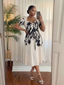 SHEIN Lady CURVE 大码女式碎花甜心领花瓣袖优雅连衣裙 - 彩色 - 查看 7