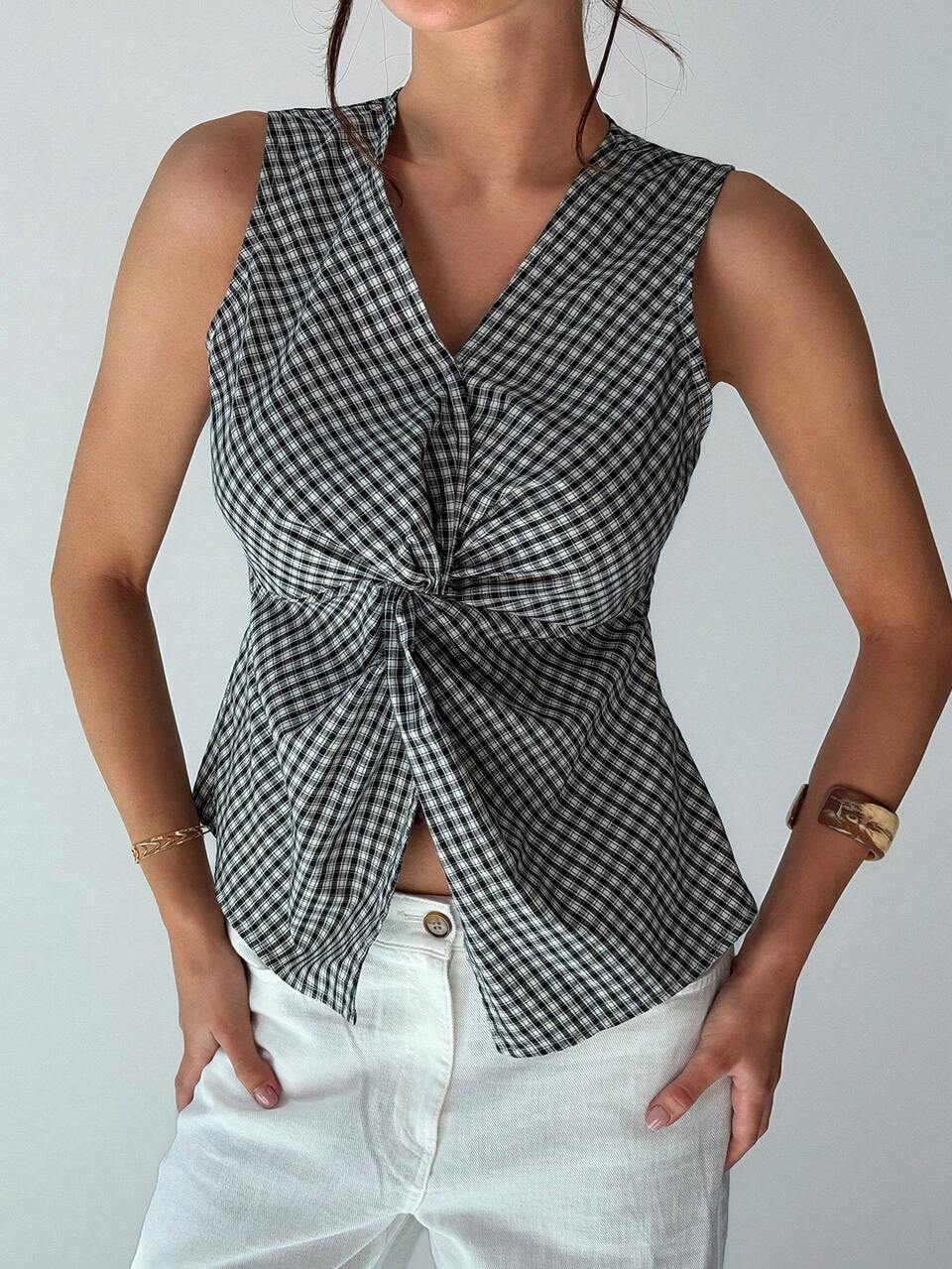 Plaid Twist V-Neck Sleeveless Casual Vacation Summer Top Women Vest Jacket