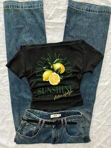 Attitoon Kaos Wanita Kasual Lengan Pendek Model Off-Shoulder dengan Detail Kerutan di Pinggang, Motif Lemon, Cocok untuk Musim Panas, Atasan Musim Panas - Hitam - View 2