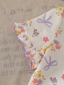 SHEIN Playful Pals 2件組少女睡衣，白色仙女家庭款花卉蝴蝶結印花短袖翻領睡衣套裝，紋理針織夏季睡衣 - 淡紫色 - 查看 4