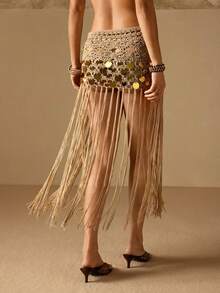 Swim Chiccia Váy mùa hè thủ công đính sequin móc tua rua ôm sát người, thích hợp cho các lễ hội âm nhạc, tiệc tùng, họa tiết hoa rỗng, váy che phủ cho nữ. - Màu Khaki - Xem 2