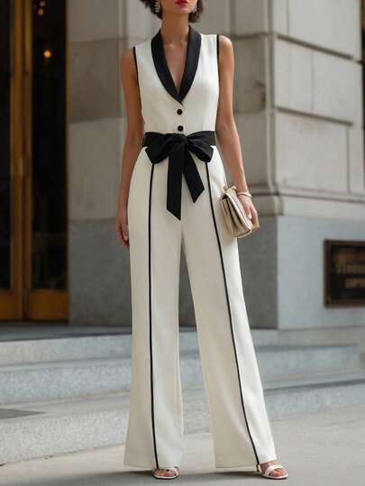 Elenzga Bộ jumpsuit palazzo không tay màu đen và mơ phối hợp, cạp chun, dành cho nữ, thích hợp cho mùa xuân/hè.