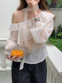 DAZY Áo kiểu nữ mùa hè, họa tiết chấm bi, bèo nhún, hở vai, thích hợp cho kỳ nghỉ. - trắng - Xem 7