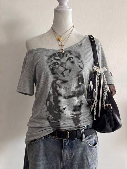 Lalippa Blusa de manga corta con hombro asimétrico y estampado de gato lindo, para verano