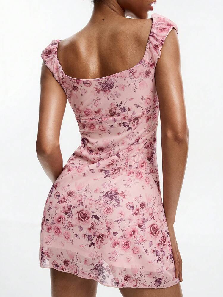 Spring & Summer Sweet & Spicy Retro Ditsy Floral Dress, Tie-Waist Fitted Design, A-Line Skirt, Long Dress For Petite Women Vacation Outfits Women