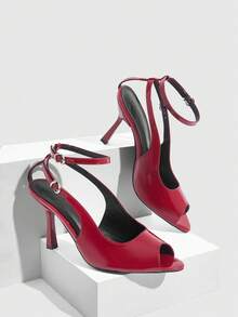 CUCCOO SZL Vintage Red Patent Leather Open Toe High Heel Double Ankle Strap Open-Toed High Heels Commuter Dating Banquet Women's Sandals - Red - View 11