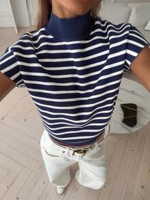 Livesso Women High Neck Sleeveless Striped Knit Top Summer - Black and White - View 5
