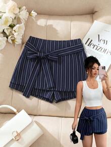 SHEIN Raffinéa Shorts mini de verano casuales y ligeros de mujer, con cordón y rayas azul marino - Azul Marino - Ver 3