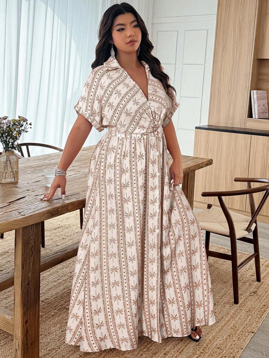 Plus Size Women Casual Printed Twist Knot Long Shirt Dress, Suitable For Daily Wear, Commute, Vacation - Multicolor - View 1