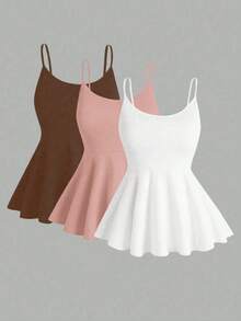 SHEIN Unity 3件套女士黑色、白色和粉色束腰A字吊带背心套装，春夏款 - 彩色 - 查看 1