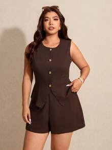 Elaquor Bộ vest và quần short màu trơn cài khuy đơn dành cho nữ cỡ lớn. - Cà phê nâu - Xem 4