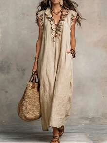 SHEIN Holidaya Đầm nữ đi nghỉ mát cổ chữ V tay ngắn xếp ly, đầm đi nghỉ mát nữ, đầm màu mơ nữ - Màu Khaki - Xem 1