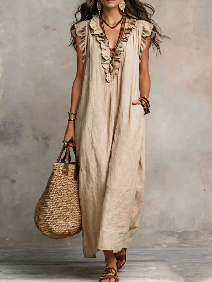 SHEIN Holidaya Đầm nữ đi nghỉ mát cổ chữ V tay ngắn xếp ly, đầm đi nghỉ mát nữ, đầm màu mơ nữ - Màu Khaki - Xem 1
