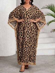 SHEIN Lady Plus Size Women Fashionable Leopard Print Tassel Dress Elegant Dresses For Women Summer Dress Summer Outfit For Women Leopard Print Dress Beach Dress - Brown - View 5