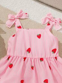 SHEIN Vintaside Kids 2件套女婴幼儿/新生儿0-3岁休闲可爱条纹蝴蝶结装饰吊带背心+短裤套装，时尚简约百搭户外夏季度假女婴装 - 粉色 - 查看 5