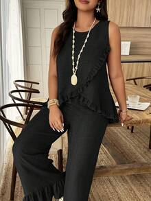 Weeklong Women's Plus Size Round Neck Sleeveless Ruffle Trim Loose Top And Straight Leg Pants 2 Piece Set, Suitable For Vacation And Daily Wear, Spring/Summer - Black - View 1
