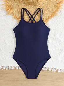 SHEIN Traje de baño de una pieza con tirantes de espagueti y espalda descubierta de unicolor para niñas preadolescentes - Azul Marino - Ver 5