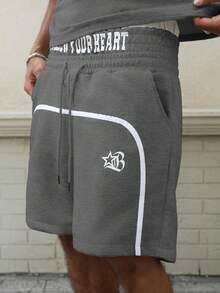 Major Grit Young Street Style, Ribbon Design, Gothic Letter Print Grey Men T-Shirt Set Football - Dark Grey - View 5