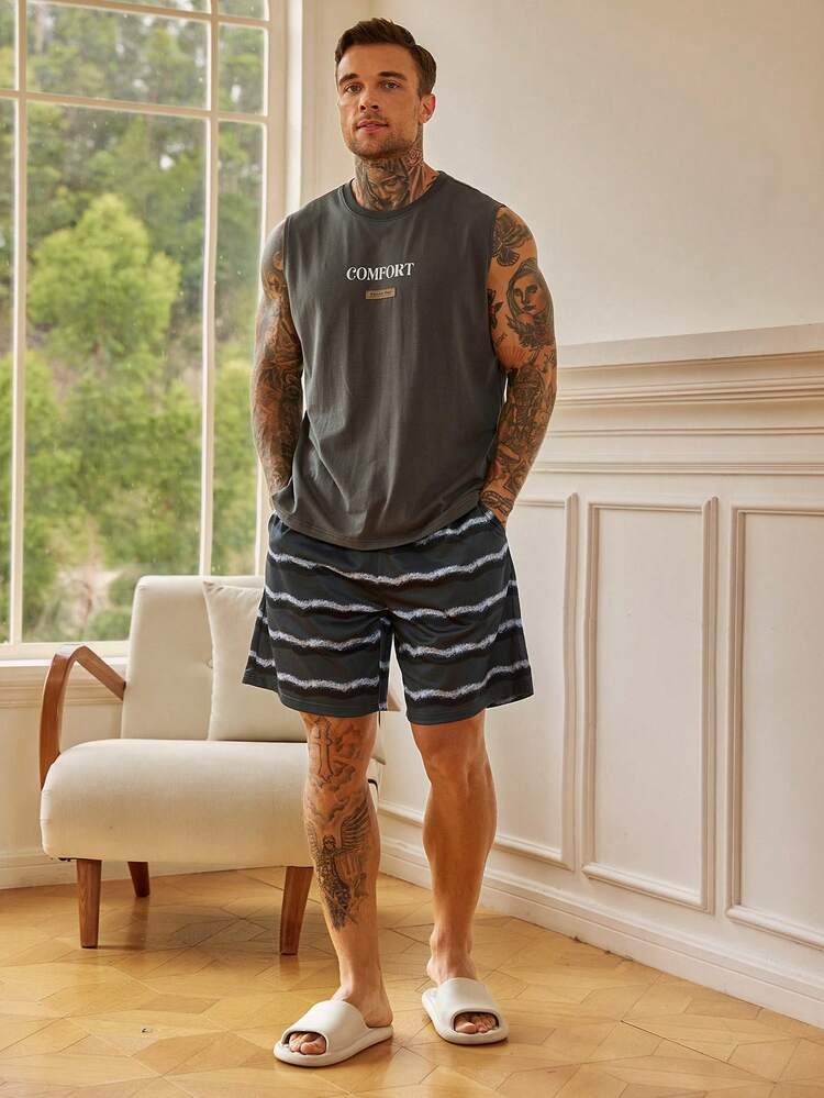 Men's Casual Shorts & Tank Top Set, Letter Print, Multi-Color, Loungewear Summer
