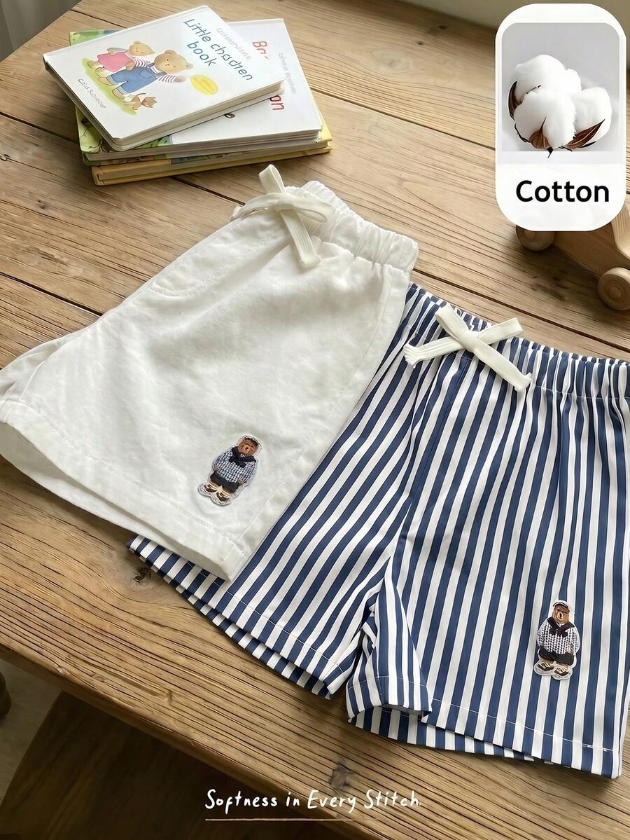 Cozy Pixies Bộ 2 quần short bé trai in hình gấu hoạt hình, sọc, cạp chun. - Nhiều màu - Xem 1