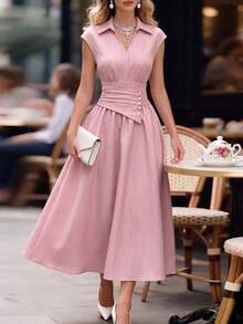 Selianne Vestido largo sin mangas de estilo francés elegante para mujer, diseño sofisticado, sensación de gracia de alta calidad, adecuado para el trabajo, los viajes, las vacaciones, el estilo callejero, un elemento esencial de la moda de verano, diseño de nicho, vestido largo versátil - Rosa - Ver 3