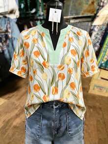 Franclia Women's Spring/Summer New White Blessing Tree Leaf Pattern V-Neck Casual Loose Blouse Shirt, Suitable For Vacation, Daily Wear, Dating, Commuting - Orange - View 1