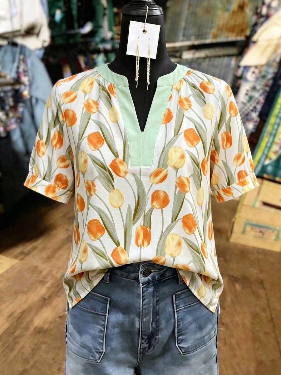 Franclia Women's Spring/Summer New White Blessing Tree Leaf Pattern V-Neck Casual Loose Blouse Shirt, Suitable For Vacation, Daily Wear, Dating, Commuting - Orange - View 1