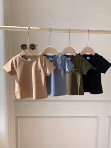 SHEIN 男女宝宝4件套纯色基础款圆领短袖针织T恤套装，舒适休闲百搭，适合春夏室内外活动 - 彩色 - 查看 3