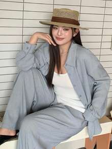 Dazy Plus 两件套纯色休闲宽松长袖衬衫上衣和阔腿裤，适合大码女性通勤穿着，春夏款 - 霧霾藍 - 查看 4