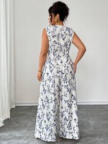 Elenzga Bộ đồ nữ cỡ lớn thanh lịch, tối giản, cổ chữ V không tay, có túi giả, dáng suông, kết hợp áo khoác ôm eo và quần ống rộng xếp ly cạp cao, họa tiết hoa, màu be, thích hợp mặc đi làm, mùa hè. - Màu be - Xem 2