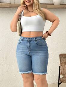 SHEIN Plus High Waist Regular Fit Casual Style Light Blue Wash Button Front Denim Short Formal Vacation Holiday Summer - Light Wash - View 1
