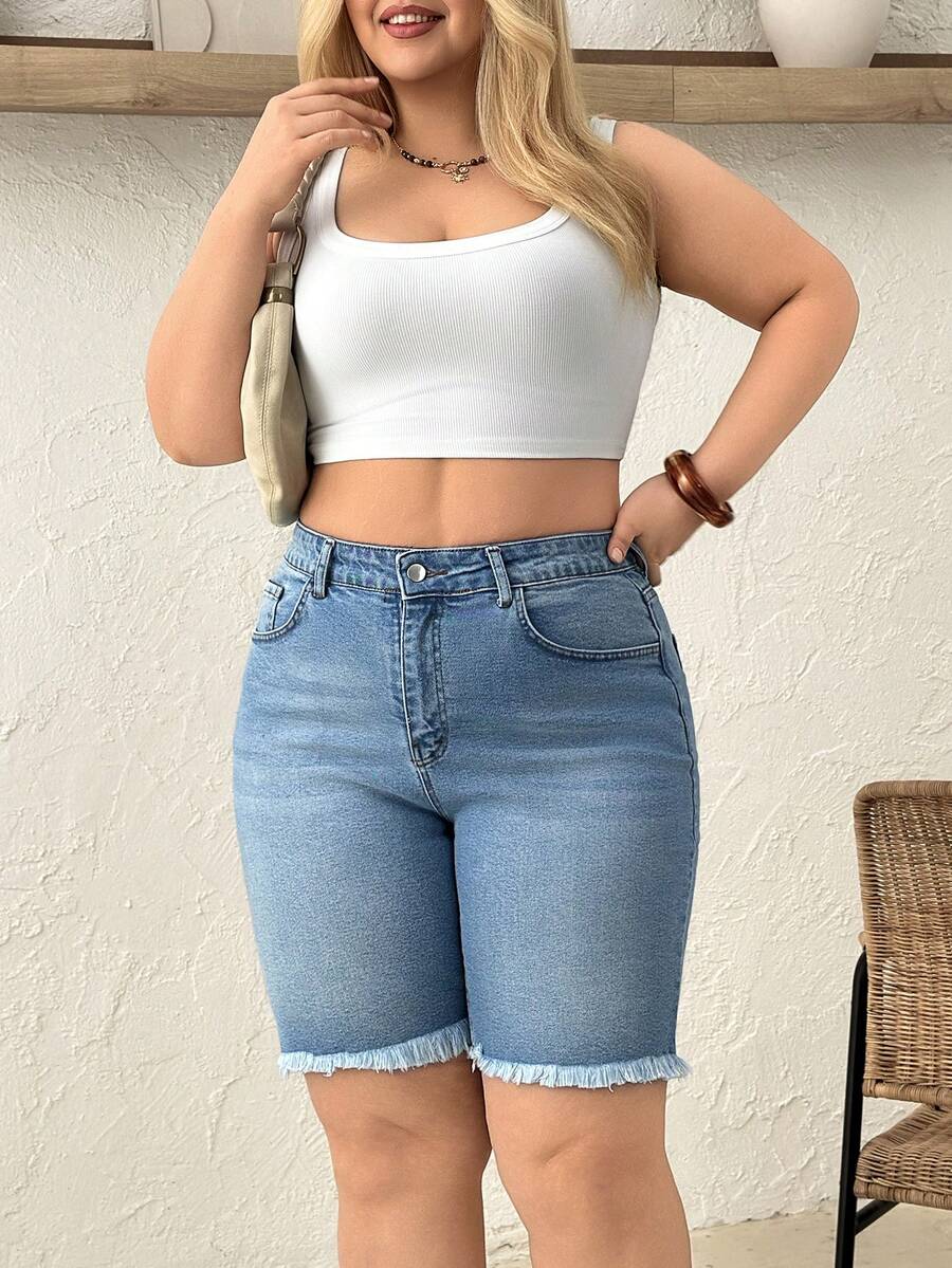 SHEIN Plus High Waist Regular Fit Casual Style Light Blue Wash Button Front Denim Short Formal Vacation Holiday Summer - Light Wash - View 1