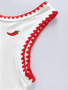 Resyla Chili Pepper Embroidery Design Women Tank Top, Fashion Shell Trim Camisole - White - View 5