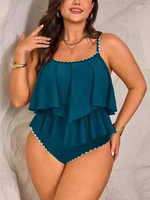 Swim Lushoire 2pcs Plus Size Women Teal Spaghetti Strap Ruffle Trim Top High Waist Ruffle Trim Pants Set, Summer Beach Vacation Holiday Mob Wife - Blue - View 4