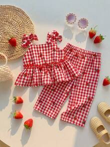 Summer Babygirl Cute Red & White Plaid Ruffle Trim Sleeveless Top And Elastic Waist Loose Wide Leg Pants Set - Red - View 1