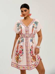 de vacaciones con estampado de plantas tropicales y loros para mujer de talla, suelto de manga corta y cuello en V - Multicolor 2 - Ver 8