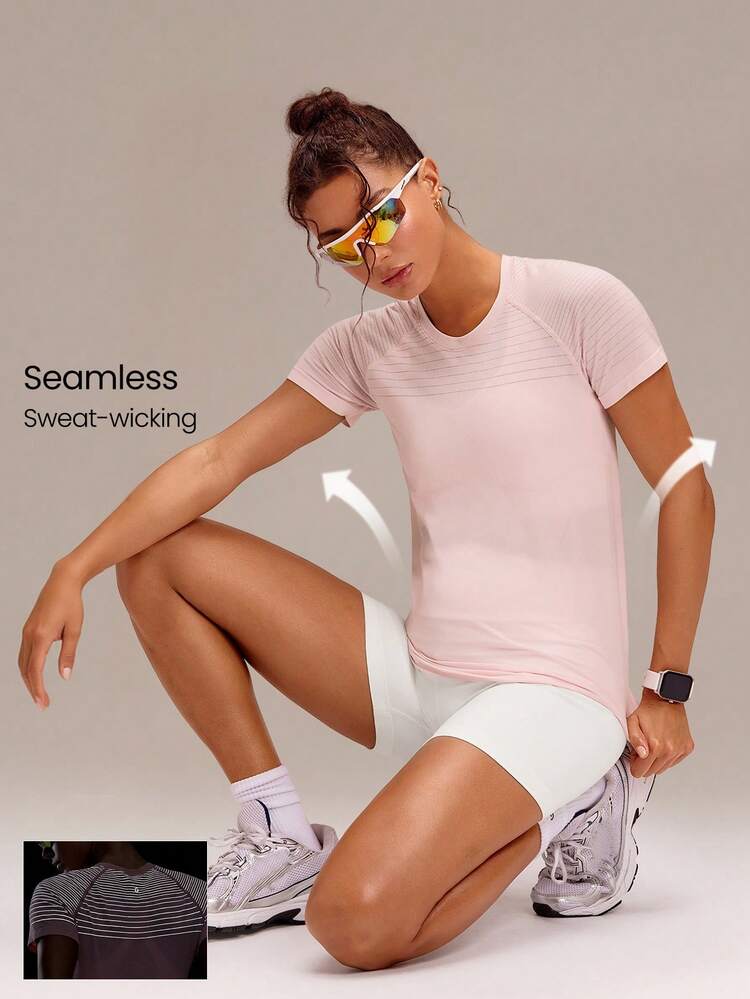 Camiseta de entrenamiento ultrasuave, sin costuras, reflectante, de manga corta, con tecnología de transporte de humedad, elástica y de longitud hasta la cadera, para correr de noche, entrenamiento, gimnasio y actividad física