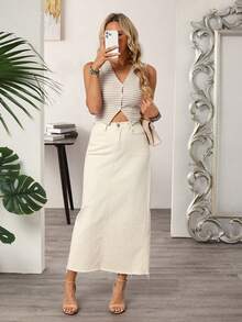 SHEIN Frenchy Women's Solid Color Denim Mini Skirt, Fashionable For Summer Winter White Casual Spring - White - View 3